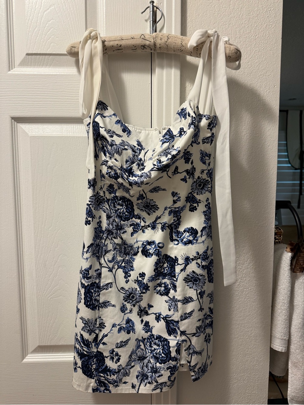White & Navy Floral Tie-Shoulder Mini Dress by